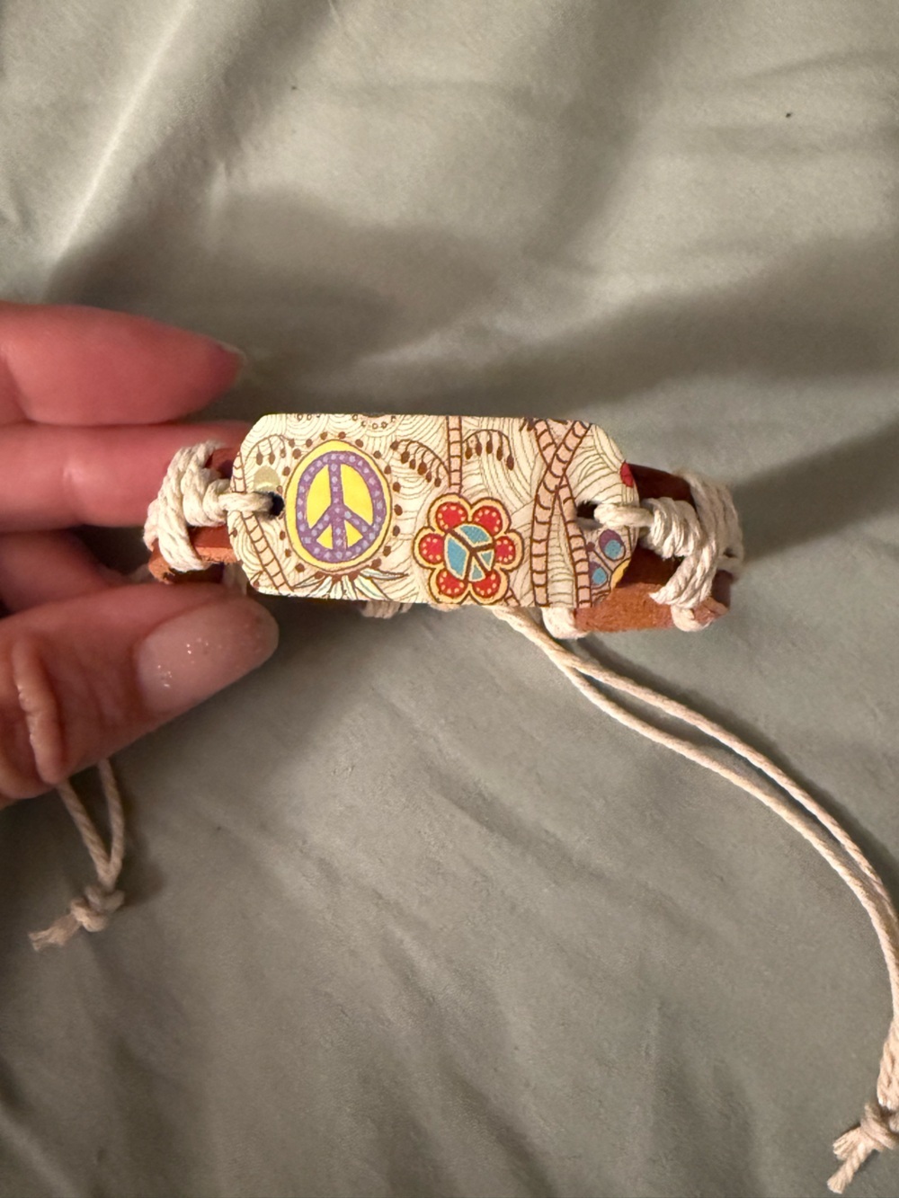 Boho Peace Sign Flower Leather Cord Bracelet - Cream and Brown